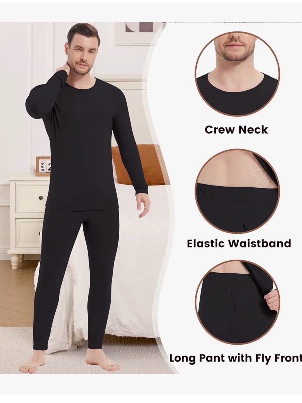 Men's Black Thermal Long Johns Set - Crew Neck Top & Long Pants